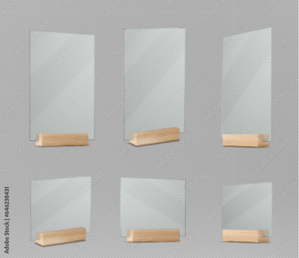 Poster menu and card stand mockup with wooden base and acrylic display. rectangular transparent plexiglass 