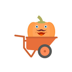 Cartoon big pumpkin inside a garden wheelbarrow. Color vector.