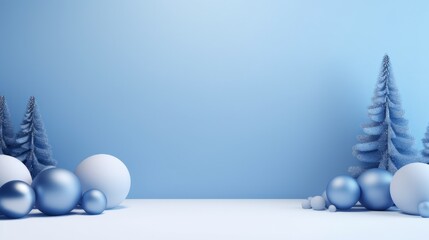 Background products minimal podium scene with Christmas decoration in blue color in cute style.
