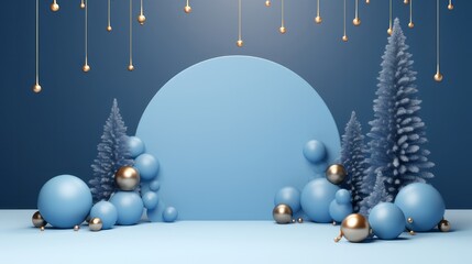 Background products minimal podium scene with Christmas decoration in blue color in cute style.