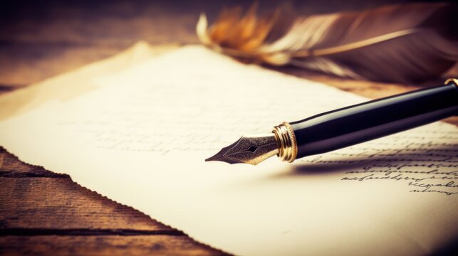 Quill feather pen and inkwell on a wooden table.
