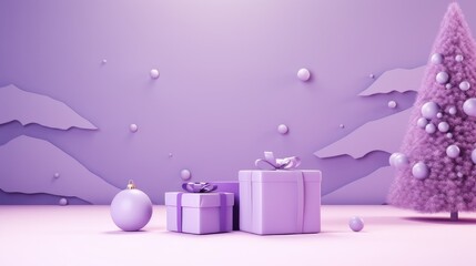 Background products minimal podium scene with Christmas decoration in violet color in cute style.