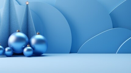 Background products minimal podium scene with Christmas decoration in blue color in cute style.