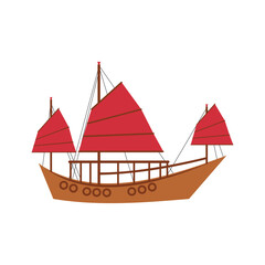 Giunca is a traditional Chinese sailing vessel for sailing along rivers and near seashores. Boat with red sails isolated on a white background. Vector. 