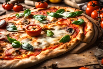 Fresh baked pizza closeup, traditional wood fired oven background. 4k HD Ultra High quality photo. 