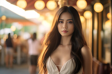Slim Sexy woman in orange monotone sensual post long red brown with light Bokeh rim light background, Happy woman on the sunset. Generative AI.