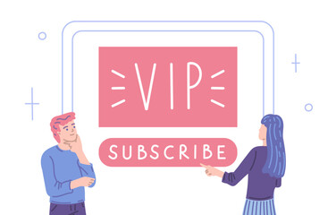 Vector illustration of man and woman decide to vip subscribe, concept of subscription webinar, bloggers, web education and business training in cartoon doodle design style in blue pink colors