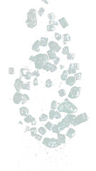 Plexiglass broken in many pieces. Green plexiglass broken glass hit impact and scatter with sharp and risk edge glass. Window crash smash explode to plexiglass broken glass. Black background isolated