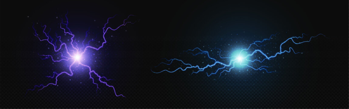 Realistic electric ball with lightning - circle bolt explosion effect. Blue and purple energy flash or thunder storm light. Vector illustration set of electricity power plasma with flare and flame.