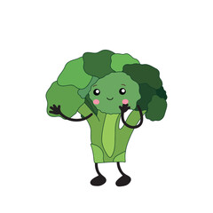 Happy smilling cute broccoli. Cute broccoli in kawaii style. Broccoli healthy food, good nutrition,vegetarian concept. Vector illustration