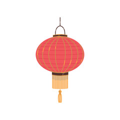 Vector illustration of Japanese or Chinese paper lantern round shape with a lace and braid in red yellow color, isolated on white background