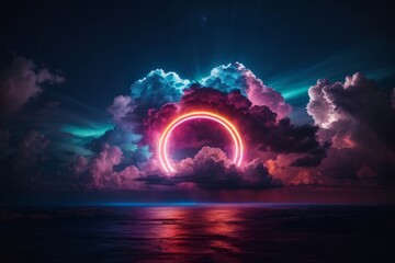 Abstract cloud illuminated with neon light ring on dark night sky. Glowing geometric shape, round frame - obrazy, fototapety, plakaty