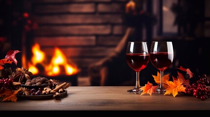 empty space for mockup presentation display Two glasses of autumn mulled wine