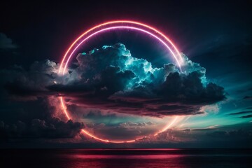 Abstract cloud illuminated with neon light ring on dark night sky. Glowing geometric shape, round frame