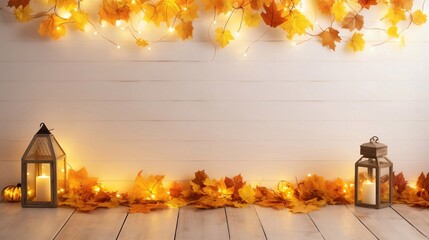 Naklejka na ściany i meble Autumn Display Decoration Background with Autumn Leaves on Wood Wall