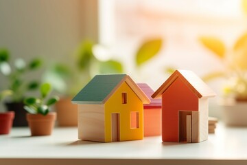 Wooden model of houses, concept of sustainable single-family homes, real estate.