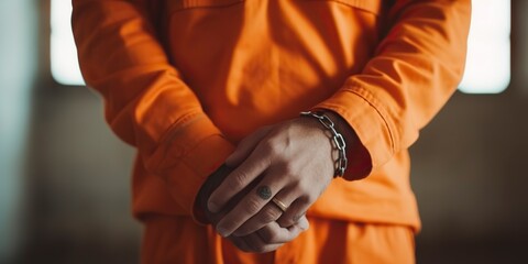 A close-up view of the restrained hands of an inmate, clad in an orange prison jumpsuit.