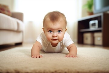 A charming 6-month-old infant explores the indoor environment, displaying innocence and inquisitiveness in the cozy home