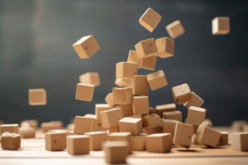 A tower of wooden blocks crumbles, creating a chaotic scene as they tumble to the ground