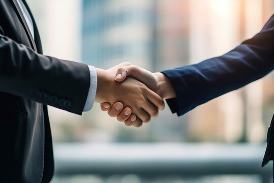 A close-up captures the confident handshake between two corporate leaders, sealing a successful partnership