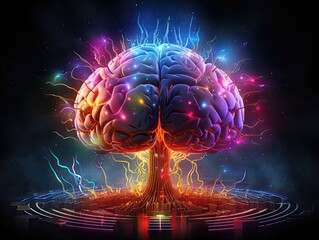 Creative Colorful brain with colorful lightning at the center Generative AI