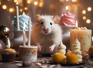 Celebration and holiday with pets concept. Cute hamster with candles