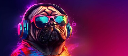 DJ Bulldog wearing sunglasses and headphones. Animal theme background