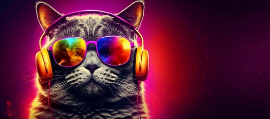 portrait of a funky music-loving cat with sunglasses and headphones - 646241633