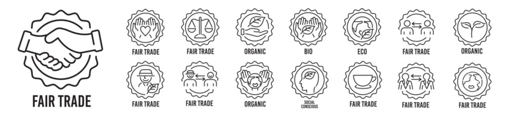 Fair Trade Organic Eco Bio Ethical Vitamin Biodegradable icon collection set editable stroke vector