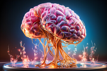 Fantastic neural model of the human brain, scientific concepts 3D  illustration  generate AI - obrazy, fototapety, plakaty