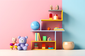 funny children's illustration colorful books and fantastic toys,  minimal scene, 3d render, generate AI