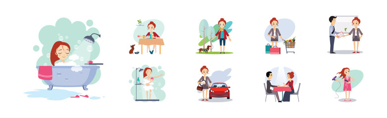 Woman Day Routine and Different Activity Vector Set