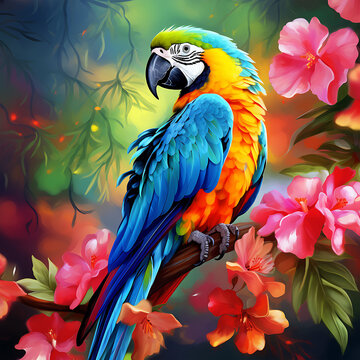 Colorful bird Parrot with Flower Tree Perched on a Branch in the background