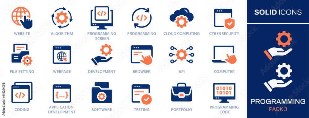 Poster programming icon set. collection of program, application, computer, service, code, develop and more.