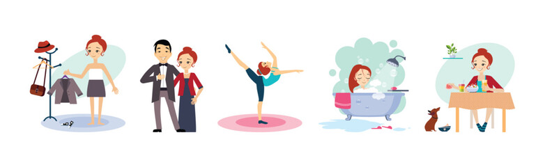 Woman Day Routine and Different Activity Vector Set