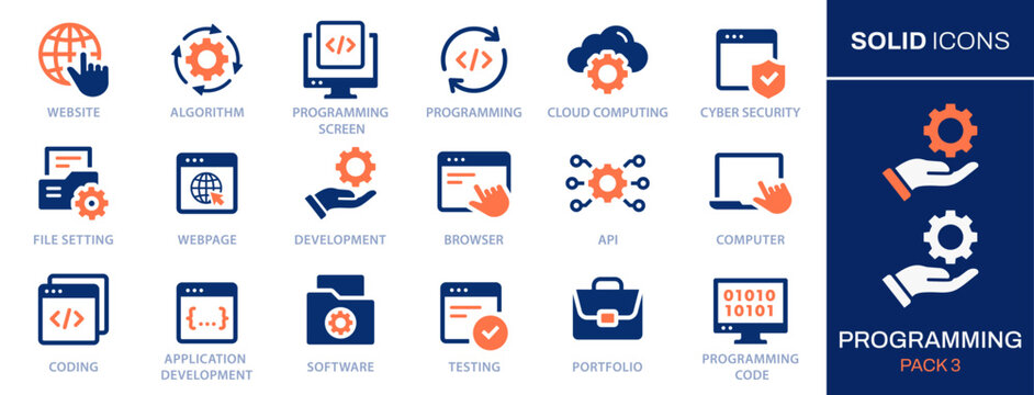 Programming icon set. Collection of program, application, computer, service, code, develop and more. Vector illustration. Easily changes to any color.