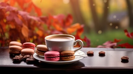 Obraz na płótnie Canvas A cup of coffee with macaroons and autumn leaves with a view of the autumn forest.