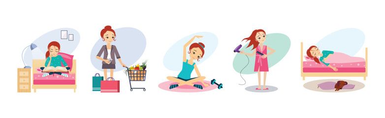 Woman Day Routine and Different Activity Vector Set