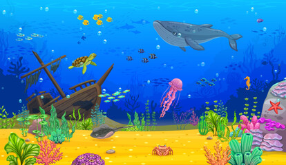 Cartoon underwater landscape. Blue whale, turtle, fish shoal and jellyfish, stingray and starfish on seaweed and coral bottom. Vector game background of sea water waves, sunken ship and marine animals