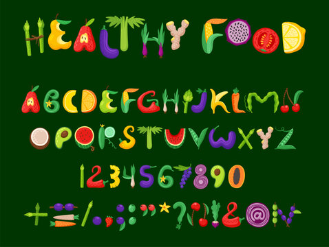 Cartoon fruit and vegetable font, healthy type or farm crop alphabet of summer food, vector typeface. Fruits and vegetables ABC, kid typeset font or typography text with asparagus, orange and avocado