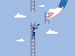 Helping hand, business support to reach career target or help to climb up ladder of success concept, businessman climbing up to top of broken ladder with huge helping hand to connect to reach higher. © Goodtime