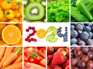 Fruits and vegetables. New year 2024 made of fruits and vegetables. Healthy food