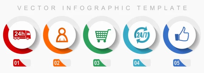 Behang Shopping icon set, miscellaneous icons such as 24h delivery, customer, cart and like, flat design vector infographic template, web buttons in 5 color options © Alex White