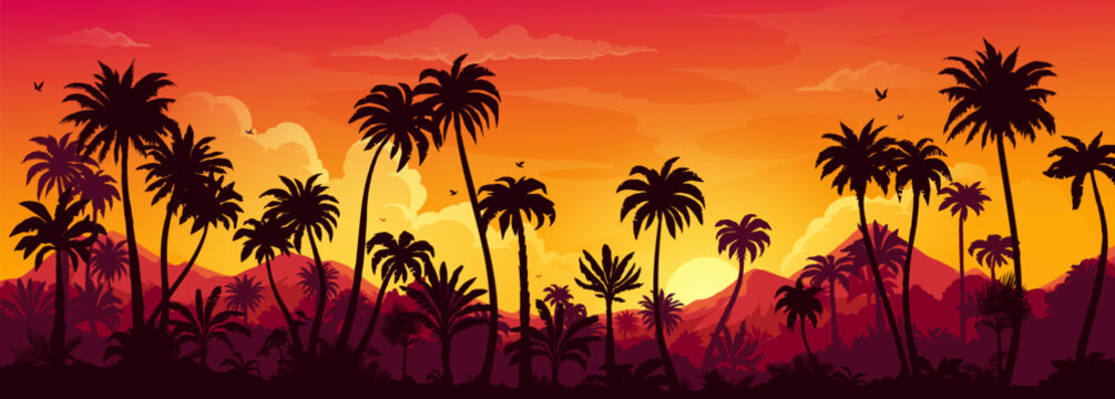 Tropical jungle sunset or sunrise forest landscape silhouette. Exotic forest palm trees and mountains vector nature background with bright yellow sun and sky. Rainforest at evening game scene backdrop