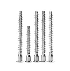 Metal countersunk screws on white. Hardware tool