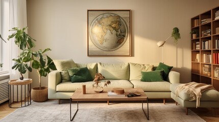 living room with a beige color palette, where green sofa, soft pillows, stands before a blank wall. This apartment boasts singing bowls displayed on an antique coffee table and a classic leather sofa
