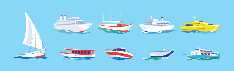 Naklejka premium Yacht and Boat Sailing in Blue Sea Water Vector Set