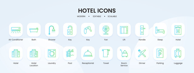 Hotel icon collection with blue and green gradient outline style. collection, hotel, set, restaurant, travel, room, symbol. Vector illustration