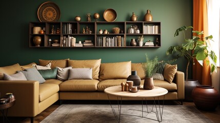 living room with a beige color scheme green sofa, enhanced by cozy pillows, This style apartment showcases singing bowls adorning an antique coffee table, alongside a comfortable leather sofa