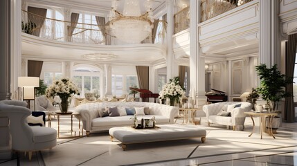 Luxurious living room interior in a 3D rendered luxury home